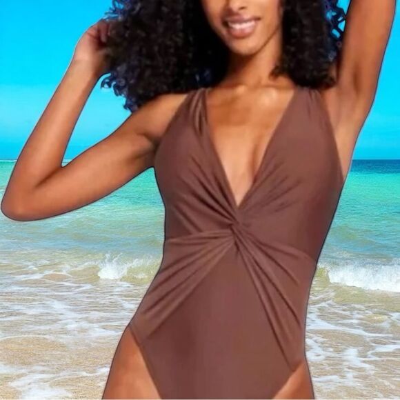 Shade & Shore ~ NEW Cocoa Brown One-Piece Twist Front Plunge Women’s Swimsuit - Picture 5 of 11